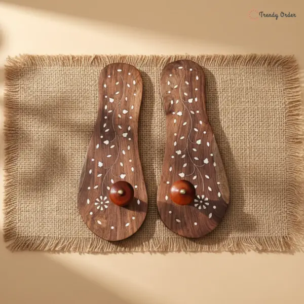 Wooden Khadau with White Floral Artwork