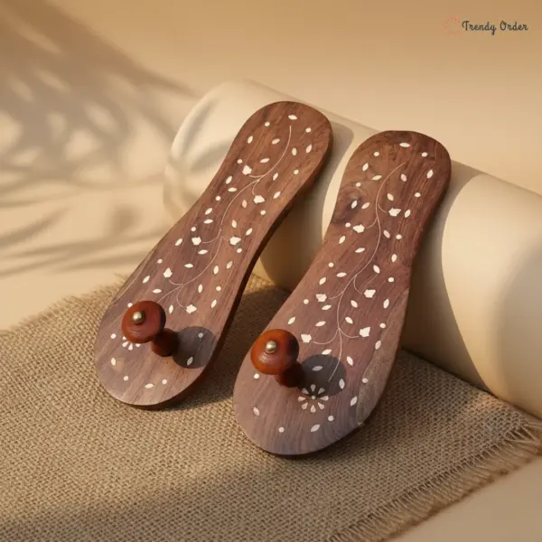 Wooden Khadau with White Floral Artwork