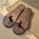 Wooden Khadau Paduka with Floral Brass Work