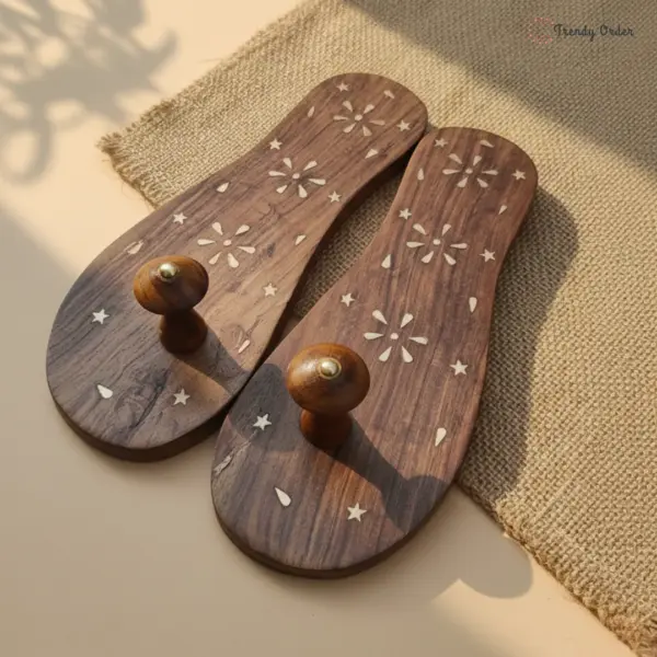 Wooden Khadau Paduka with Floral Brass Work Wooden Khadau Paduka with Floral Brass Work