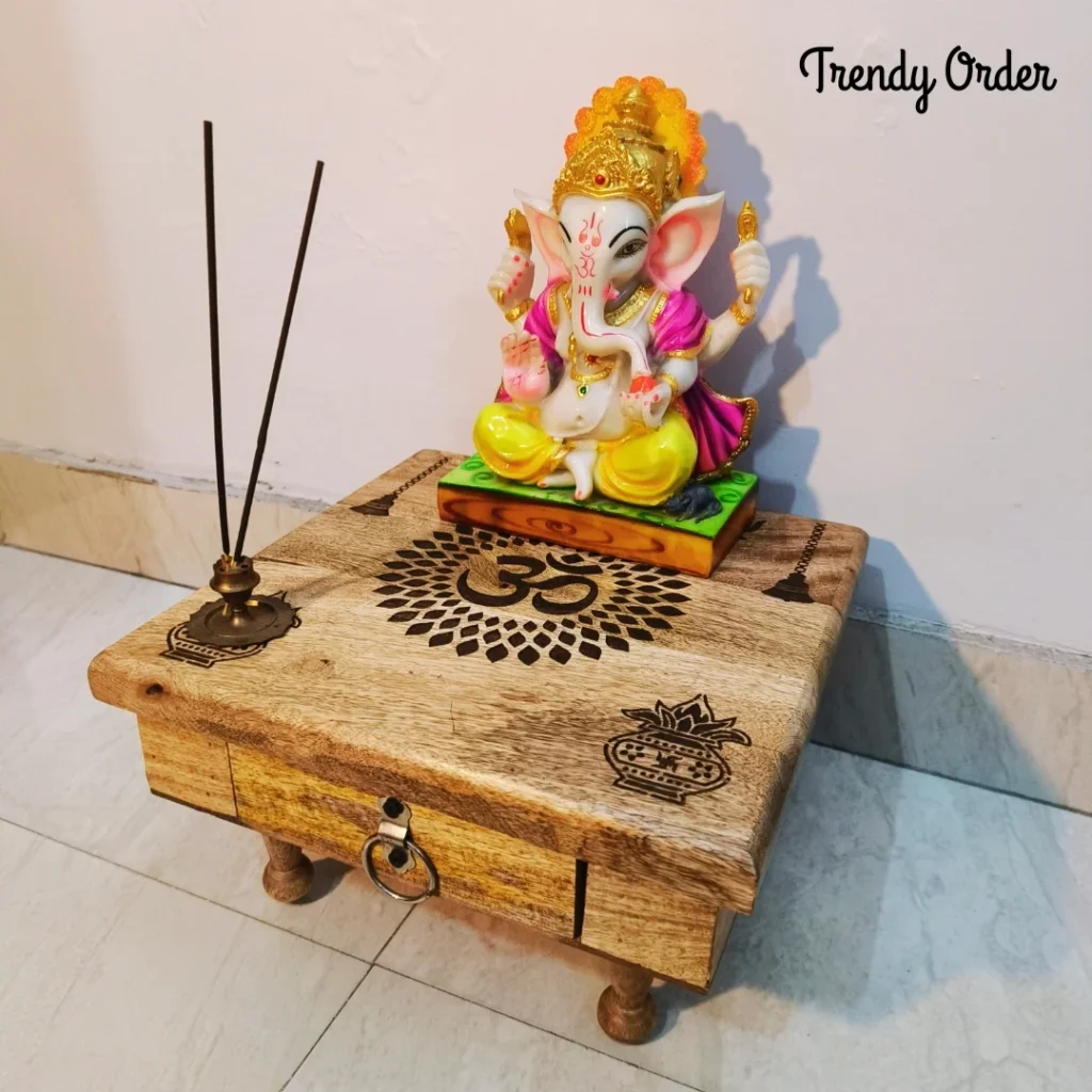 Wooden Pooja Chowki with Carved Om Kalash Design & Drawer 1 Wooden Pooja Chowki