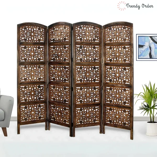 Mandala 4-Panel Room Divider with Carved Floral Design Mandala 4-Panel Room Divider with Carved Floral Design