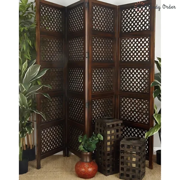 Geometric Ring Pattern Room Divider with Dark Brown Finish Geometric Ring Pattern Room Divider with Dark Brown Finish
