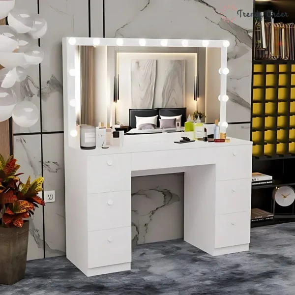 White Vanity Table Set 7-Drawer Makeup Desk White Vanity Table Set 7-Drawer Makeup Desk