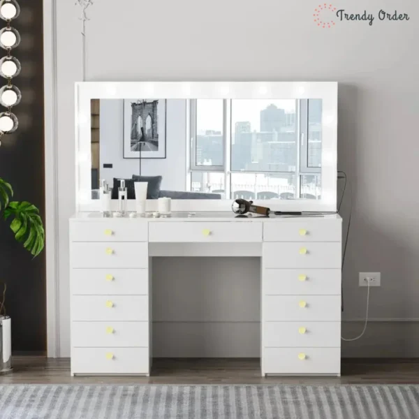 Looks Illuminated Vanity with 13 Drawers and Glass Top Looks Illuminated Vanity with 13 Drawers and Glass Top