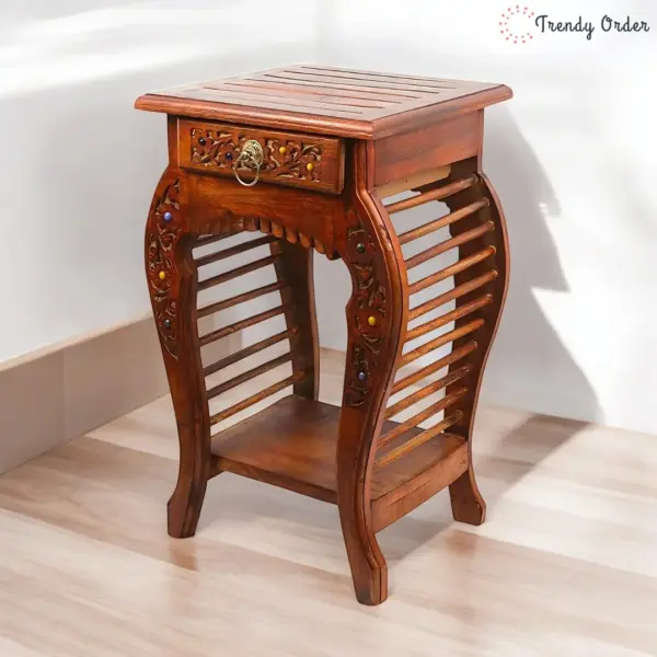Vintage Wooden Side Table Carved Stone Inlay Design Vintage Wooden Side Table Carved Stone Inlay Design