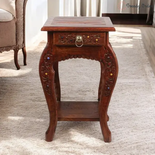 Vintage Wooden Side Table Carved Stone Inlay Design