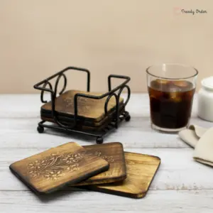 Wooden Coasters with Wrought Iron Holder