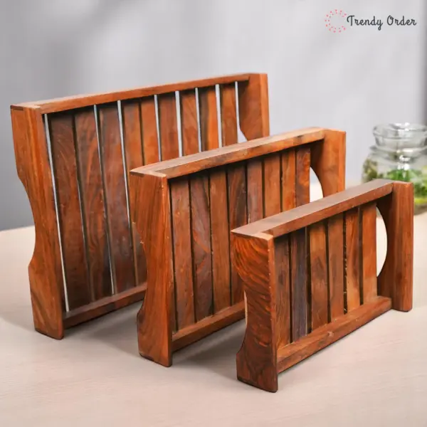 Slatted Wooden Serving Tray Set of 3 Slatted Wooden Serving Tray Set of 3