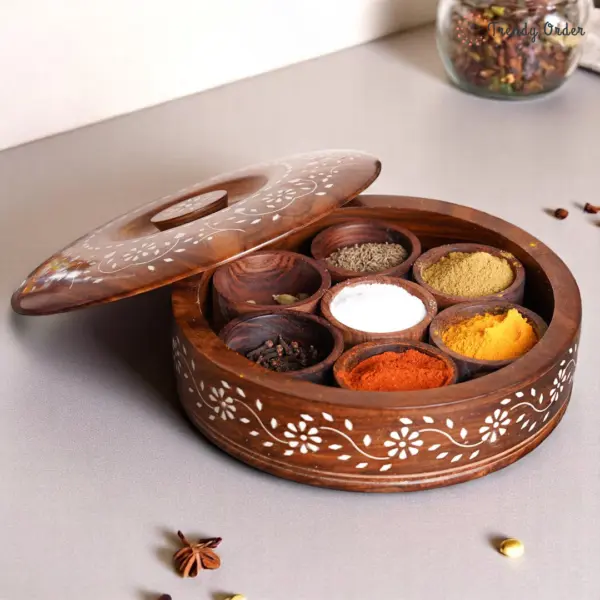Round Wooden Masala Box with 7 Compartments Round Wooden Masala Box with 7 Compartments