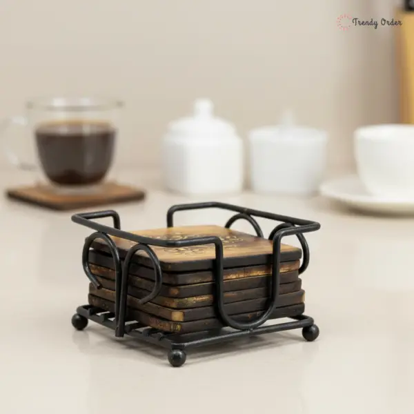 Wooden Coasters with Wrought Iron Holder