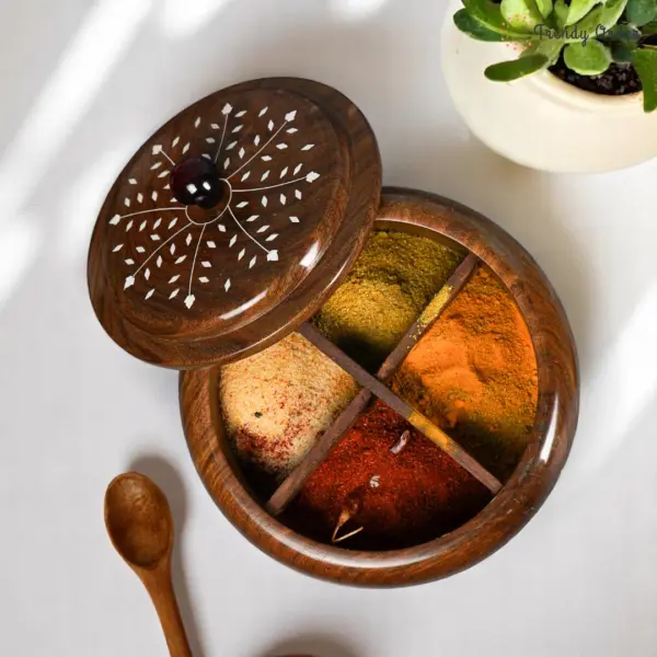 Wooden Masala Box with White Inlay 4 Compartments Wooden Masala Box with White Inlay 4 Compartments