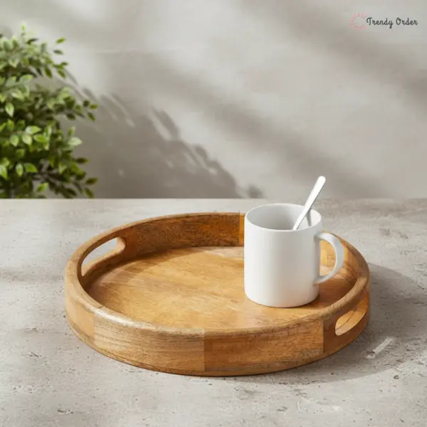 Round Wooden Serving Tray with Integrated Handles Round Wooden Serving Tray with Integrated Handles