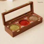 Rectangular Wooden Spice Box with 3 Steel Bowls