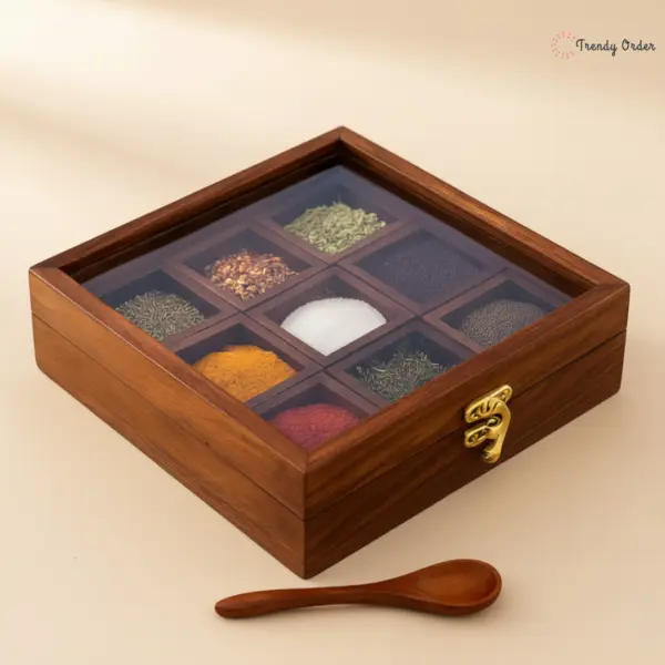 Square Wooden Masala Box with Glass Lid Square Wooden Masala Box with Glass Lid