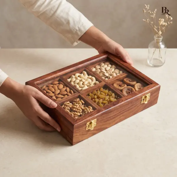 Wood Dry Fruit Box 6 Compartments