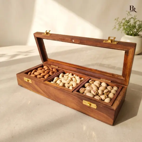 Wood Dry Fruit Box 3 Compartments