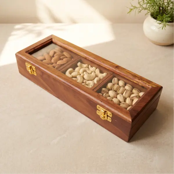 Wood Dry Fruit Box 3 Compartments
